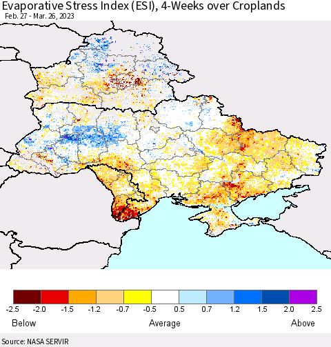Ukraine, Moldova and Belarus Evaporative Stress Index (ESI), 4-Weeks over Croplands Thematic Map For 3/20/2023 - 3/26/2023