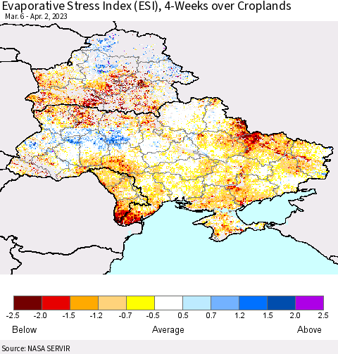 Ukraine, Moldova and Belarus Evaporative Stress Index (ESI), 4-Weeks over Croplands Thematic Map For 3/27/2023 - 4/2/2023