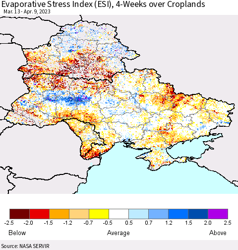 Ukraine, Moldova and Belarus Evaporative Stress Index (ESI), 4-Weeks over Croplands Thematic Map For 4/3/2023 - 4/9/2023