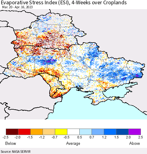 Ukraine, Moldova and Belarus Evaporative Stress Index (ESI), 4-Weeks over Croplands Thematic Map For 4/10/2023 - 4/16/2023