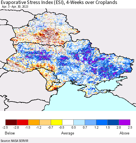 Ukraine, Moldova and Belarus Evaporative Stress Index (ESI), 4-Weeks over Croplands Thematic Map For 4/24/2023 - 4/30/2023