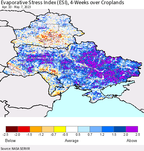 Ukraine, Moldova and Belarus Evaporative Stress Index (ESI), 4-Weeks over Croplands Thematic Map For 5/1/2023 - 5/7/2023