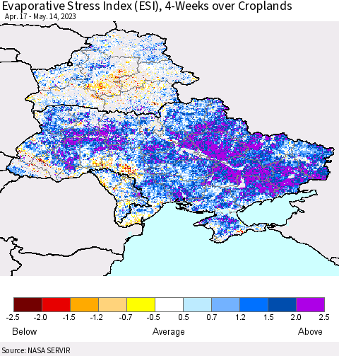 Ukraine, Moldova and Belarus Evaporative Stress Index (ESI), 4-Weeks over Croplands Thematic Map For 5/8/2023 - 5/14/2023