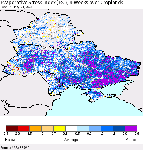 Ukraine, Moldova and Belarus Evaporative Stress Index (ESI), 4-Weeks over Croplands Thematic Map For 5/15/2023 - 5/21/2023