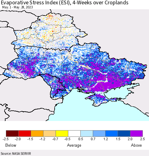 Ukraine, Moldova and Belarus Evaporative Stress Index (ESI), 4-Weeks over Croplands Thematic Map For 5/22/2023 - 5/28/2023
