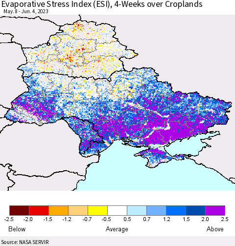 Ukraine, Moldova and Belarus Evaporative Stress Index (ESI), 4-Weeks over Croplands Thematic Map For 5/29/2023 - 6/4/2023