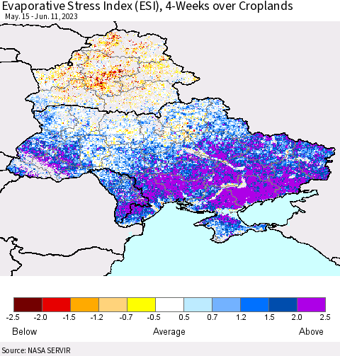 Ukraine, Moldova and Belarus Evaporative Stress Index (ESI), 4-Weeks over Croplands Thematic Map For 6/5/2023 - 6/11/2023