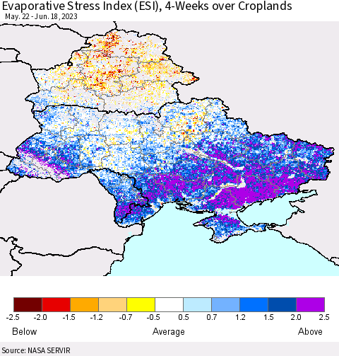 Ukraine, Moldova and Belarus Evaporative Stress Index (ESI), 4-Weeks over Croplands Thematic Map For 6/12/2023 - 6/18/2023
