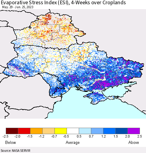 Ukraine, Moldova and Belarus Evaporative Stress Index (ESI), 4-Weeks over Croplands Thematic Map For 6/19/2023 - 6/25/2023