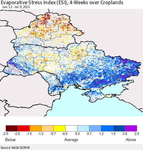 Ukraine, Moldova and Belarus Evaporative Stress Index (ESI), 4-Weeks over Croplands Thematic Map For 7/3/2023 - 7/9/2023
