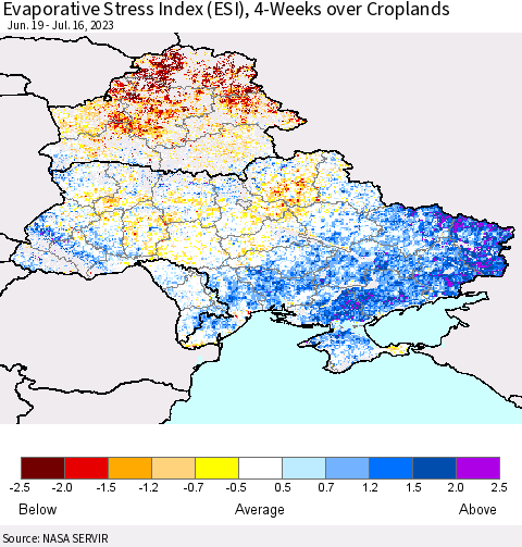Ukraine, Moldova and Belarus Evaporative Stress Index (ESI), 4-Weeks over Croplands Thematic Map For 7/10/2023 - 7/16/2023
