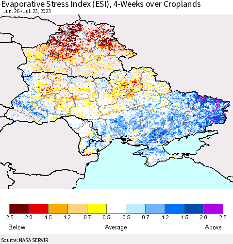 Ukraine, Moldova and Belarus Evaporative Stress Index (ESI), 4-Weeks over Croplands Thematic Map For 7/17/2023 - 7/23/2023
