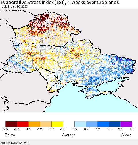 Ukraine, Moldova and Belarus Evaporative Stress Index (ESI), 4-Weeks over Croplands Thematic Map For 7/24/2023 - 7/30/2023