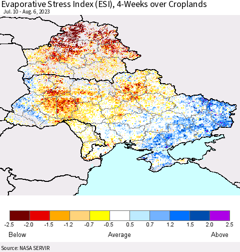 Ukraine, Moldova and Belarus Evaporative Stress Index (ESI), 4-Weeks over Croplands Thematic Map For 7/31/2023 - 8/6/2023