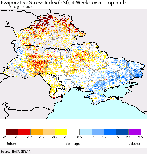 Ukraine, Moldova and Belarus Evaporative Stress Index (ESI), 4-Weeks over Croplands Thematic Map For 8/7/2023 - 8/13/2023