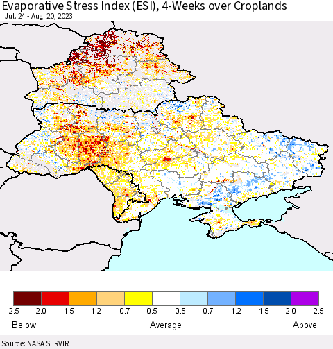 Ukraine, Moldova and Belarus Evaporative Stress Index (ESI), 4-Weeks over Croplands Thematic Map For 8/14/2023 - 8/20/2023