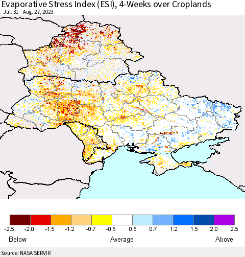 Ukraine, Moldova and Belarus Evaporative Stress Index (ESI), 4-Weeks over Croplands Thematic Map For 8/21/2023 - 8/27/2023