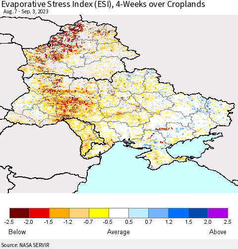 Ukraine, Moldova and Belarus Evaporative Stress Index (ESI), 4-Weeks over Croplands Thematic Map For 8/28/2023 - 9/3/2023