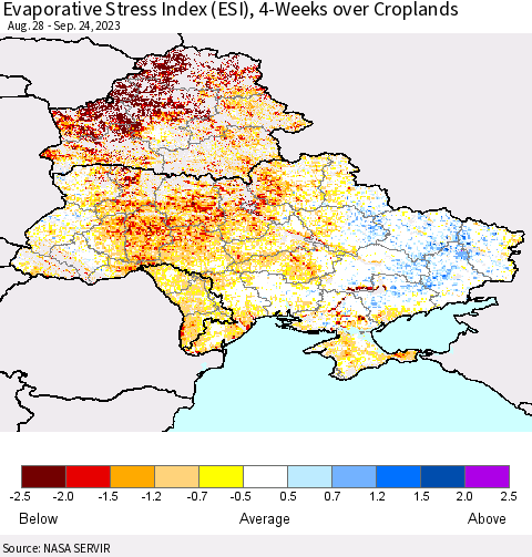 Ukraine, Moldova and Belarus Evaporative Stress Index (ESI), 4-Weeks over Croplands Thematic Map For 9/18/2023 - 9/24/2023