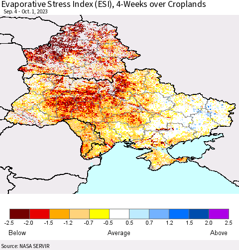 Ukraine, Moldova and Belarus Evaporative Stress Index (ESI), 4-Weeks over Croplands Thematic Map For 9/25/2023 - 10/1/2023