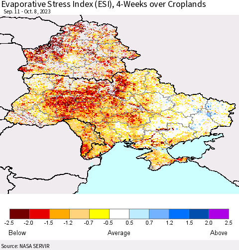 Ukraine, Moldova and Belarus Evaporative Stress Index (ESI), 4-Weeks over Croplands Thematic Map For 10/2/2023 - 10/8/2023