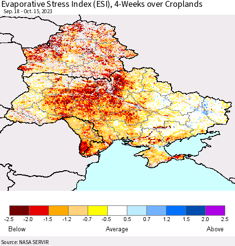 Ukraine, Moldova and Belarus Evaporative Stress Index (ESI), 4-Weeks over Croplands Thematic Map For 10/9/2023 - 10/15/2023