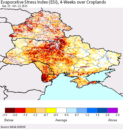 Ukraine, Moldova and Belarus Evaporative Stress Index (ESI), 4-Weeks over Croplands Thematic Map For 10/16/2023 - 10/22/2023