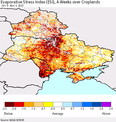 Ukraine, Moldova and Belarus Evaporative Stress Index (ESI), 4-Weeks over Croplands Thematic Map For 10/30/2023 - 11/5/2023