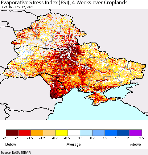 Ukraine, Moldova and Belarus Evaporative Stress Index (ESI), 4-Weeks over Croplands Thematic Map For 11/6/2023 - 11/12/2023