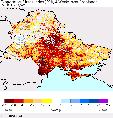 Ukraine, Moldova and Belarus Evaporative Stress Index (ESI), 4-Weeks over Croplands Thematic Map For 11/13/2023 - 11/19/2023