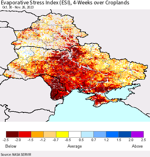 Ukraine, Moldova and Belarus Evaporative Stress Index (ESI), 4-Weeks over Croplands Thematic Map For 11/20/2023 - 11/26/2023