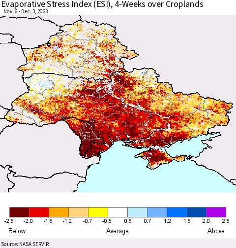 Ukraine, Moldova and Belarus Evaporative Stress Index (ESI), 4-Weeks over Croplands Thematic Map For 11/27/2023 - 12/3/2023