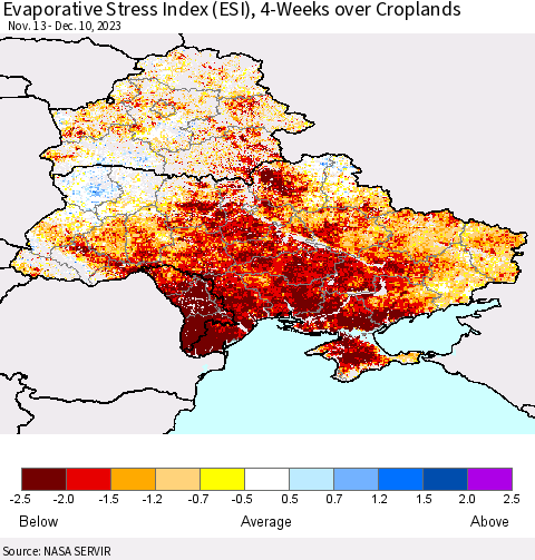 Ukraine, Moldova and Belarus Evaporative Stress Index (ESI), 4-Weeks over Croplands Thematic Map For 12/4/2023 - 12/10/2023