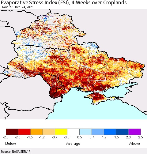 Ukraine, Moldova and Belarus Evaporative Stress Index (ESI), 4-Weeks over Croplands Thematic Map For 12/18/2023 - 12/24/2023