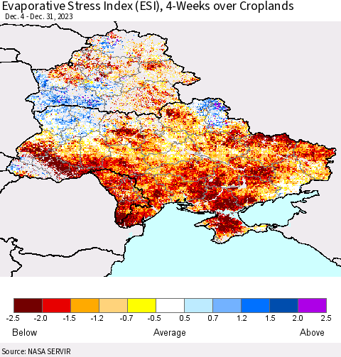 Ukraine, Moldova and Belarus Evaporative Stress Index (ESI), 4-Weeks over Croplands Thematic Map For 12/25/2023 - 12/31/2023