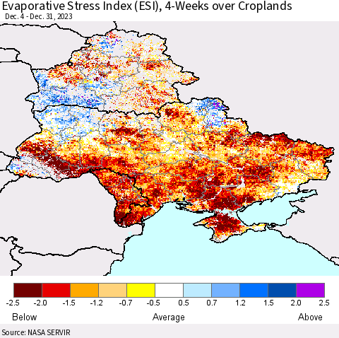 Ukraine, Moldova and Belarus Evaporative Stress Index (ESI), 4-Weeks over Croplands Thematic Map For 1/1/2024 - 1/7/2024