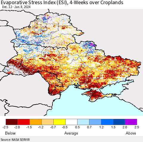 Ukraine, Moldova and Belarus Evaporative Stress Index (ESI), 4-Weeks over Croplands Thematic Map For 1/8/2024 - 1/14/2024