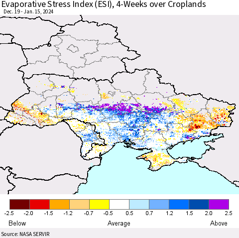 Ukraine, Moldova and Belarus Evaporative Stress Index (ESI), 4-Weeks over Croplands Thematic Map For 1/15/2024 - 1/21/2024
