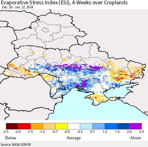Ukraine, Moldova and Belarus Evaporative Stress Index (ESI), 4-Weeks over Croplands Thematic Map For 1/22/2024 - 1/28/2024