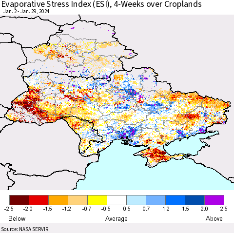 Ukraine, Moldova and Belarus Evaporative Stress Index (ESI), 4-Weeks over Croplands Thematic Map For 1/29/2024 - 2/4/2024