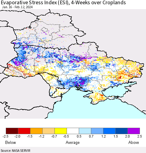 Ukraine, Moldova and Belarus Evaporative Stress Index (ESI), 4-Weeks over Croplands Thematic Map For 2/12/2024 - 2/18/2024