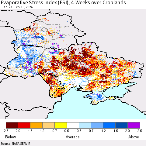 Ukraine, Moldova and Belarus Evaporative Stress Index (ESI), 4-Weeks over Croplands Thematic Map For 2/19/2024 - 2/25/2024