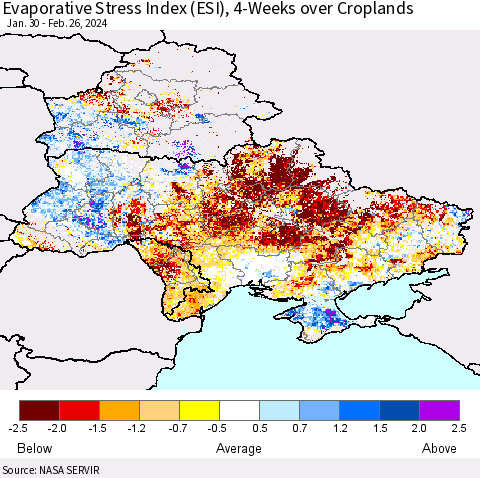 Ukraine, Moldova and Belarus Evaporative Stress Index (ESI), 4-Weeks over Croplands Thematic Map For 2/26/2024 - 3/3/2024