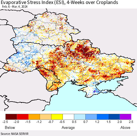 Ukraine, Moldova and Belarus Evaporative Stress Index (ESI), 4-Weeks over Croplands Thematic Map For 3/4/2024 - 3/10/2024
