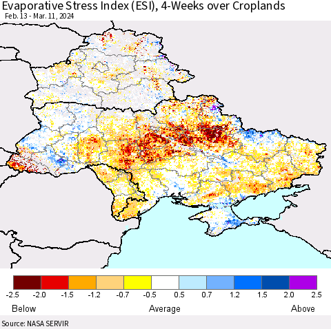 Ukraine, Moldova and Belarus Evaporative Stress Index (ESI), 4-Weeks over Croplands Thematic Map For 3/11/2024 - 3/17/2024