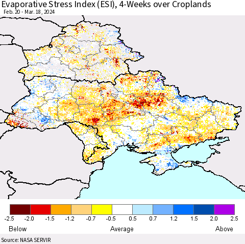 Ukraine, Moldova and Belarus Evaporative Stress Index (ESI), 4-Weeks over Croplands Thematic Map For 3/18/2024 - 3/24/2024