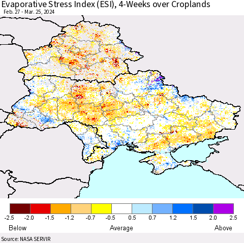 Ukraine, Moldova and Belarus Evaporative Stress Index (ESI), 4-Weeks over Croplands Thematic Map For 3/25/2024 - 3/31/2024