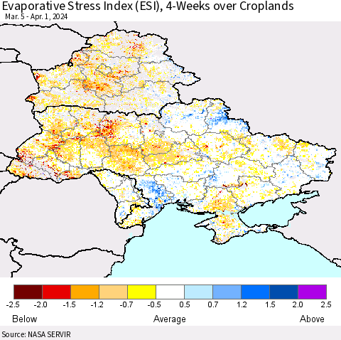 Ukraine, Moldova and Belarus Evaporative Stress Index (ESI), 4-Weeks over Croplands Thematic Map For 4/1/2024 - 4/7/2024