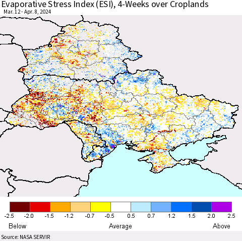 Ukraine, Moldova and Belarus Evaporative Stress Index (ESI), 4-Weeks over Croplands Thematic Map For 4/8/2024 - 4/14/2024