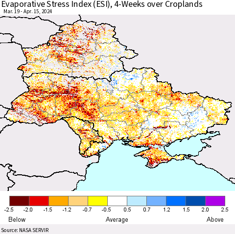 Ukraine, Moldova and Belarus Evaporative Stress Index (ESI), 4-Weeks over Croplands Thematic Map For 4/15/2024 - 4/21/2024